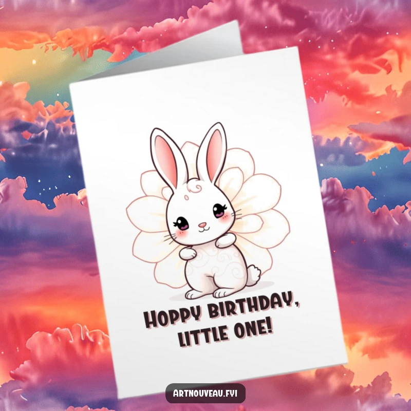 Funny Free Printable Birthday Card featuring a cute rabbit with swirling patterns peeking from behind a large, decorative bloom.