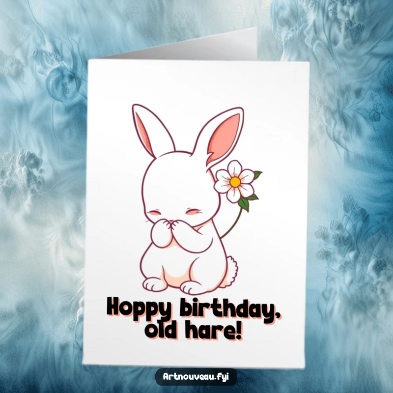 Funny Free Printable Birthday Card: Art Nouveau rabbit bowing gracefully with a flower, offering elegant birthday greetings.