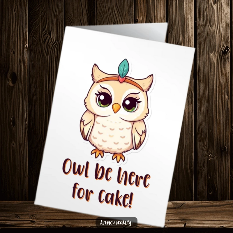 Funny Free Printable Birthday Card: Whimsical owl with a feathered headband, peering with enchanting curiosity.