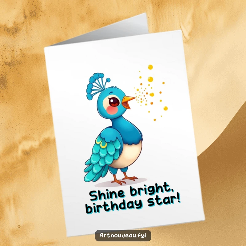 Funny Free Printable Birthday Card of a happy peacock playfully tossing shimmering golden dust from its beak, spreading joy.