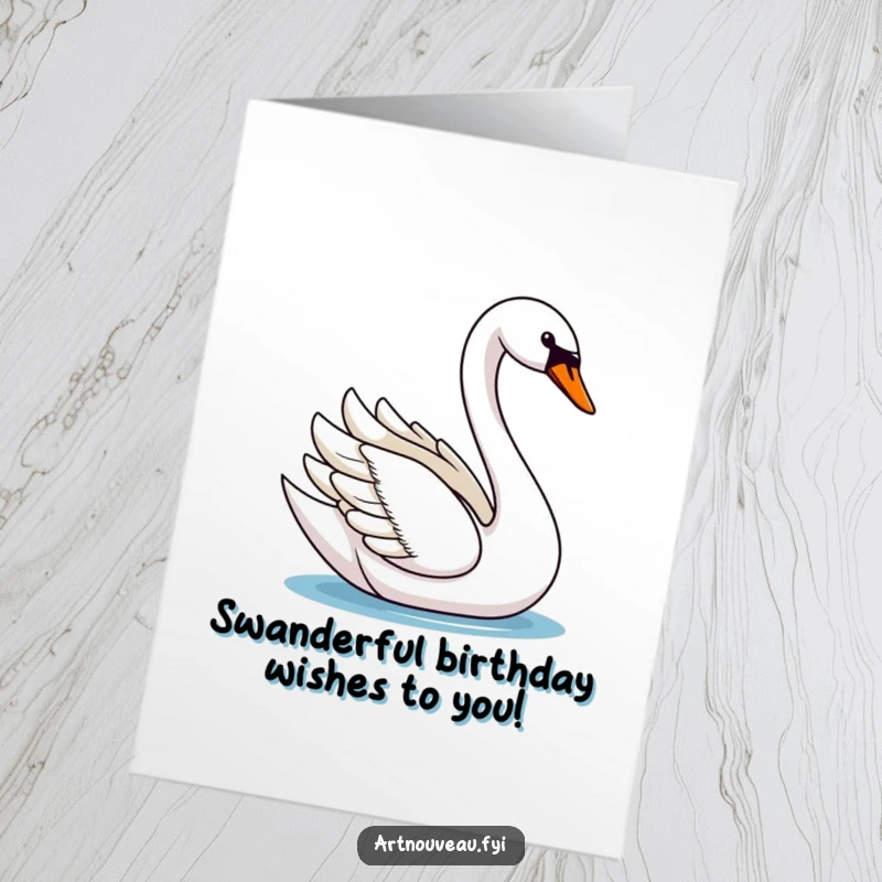 Elegant Free Printable Birthday Card featuring a graceful swan with a long neck gliding beautifully on water, wishing a happy birthday.