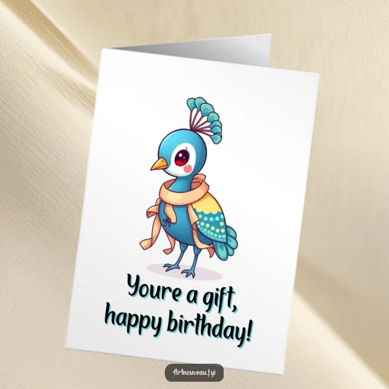 Funny Free Printable Birthday Card of a proud peacock wearing a stylish, flowing, ornate ribbon around its neck, looking dapper.