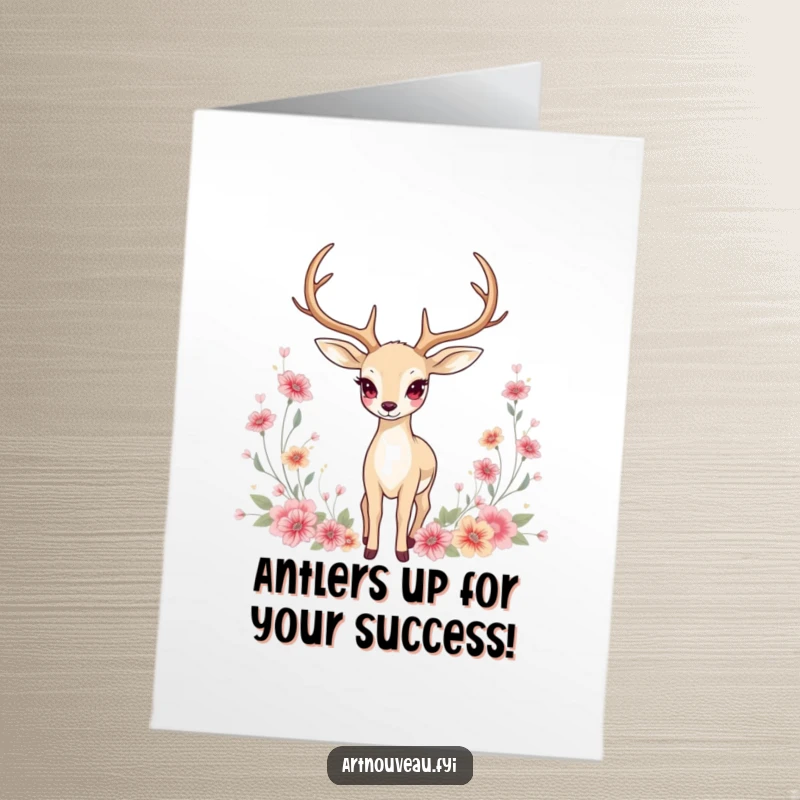 Funny Free Printable Congratulations Card: Graceful Deer standing amidst floral motifs, an elegant art nouveau design.