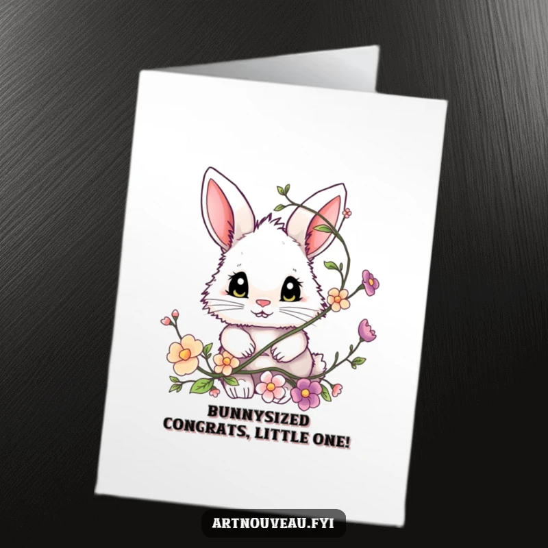 Funny Free Printable Congratulations Card: Fluffy bunny with expressive eyes peeking from a floral vine, cheering with joy.