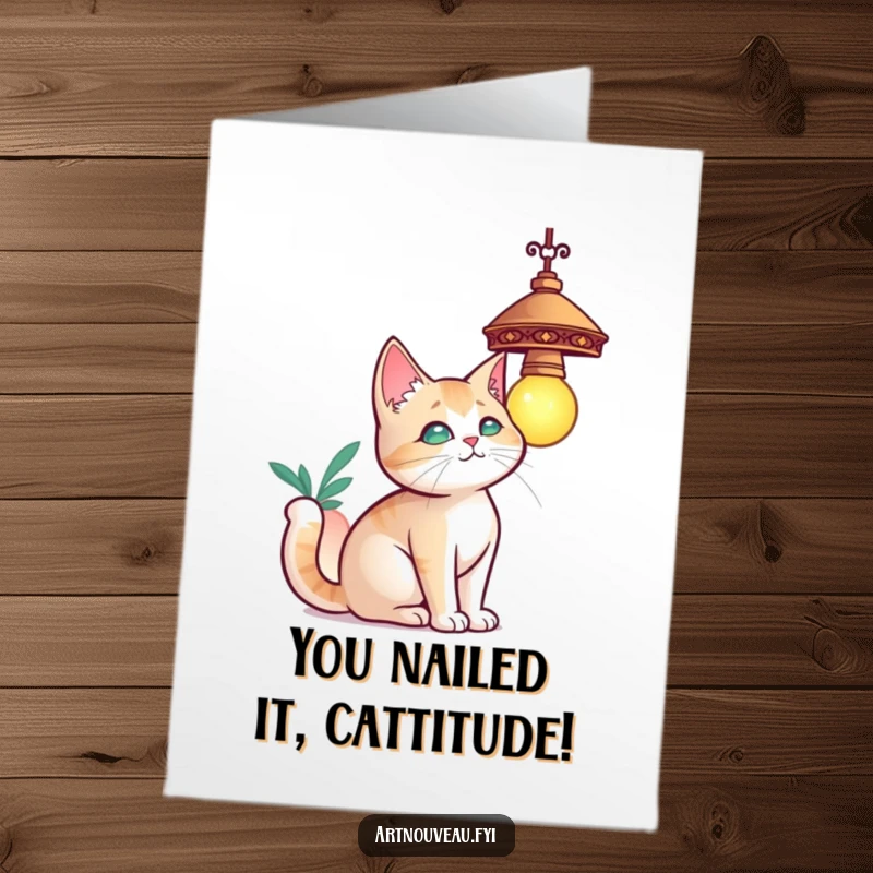 Funny Free Printable Congratulations Card: Elegant cat batting at a hanging lamp, celebrating a win with playful energy.