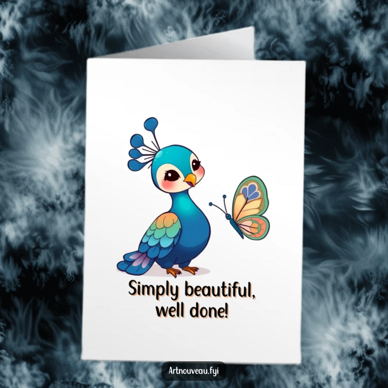 Funny Free Printable Congratulations Card featuring a gentle peacock watching a butterfly adorned with beautiful art nouveau patterned wings, a scene of peace.