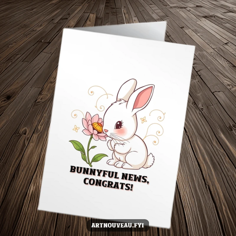 Funny Free Printable Congratulations Card: Curious Rabbit inspecting a flower with art nouveau swirls, a charming art nouveau design.