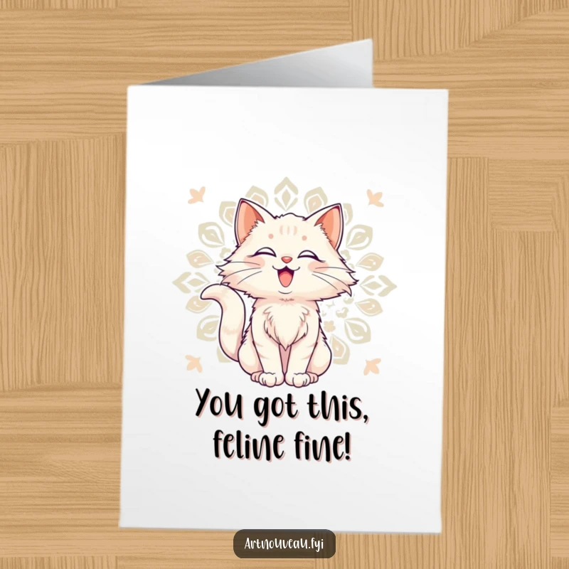 Funny Free Printable Congratulations Card: Delighted Cat posing against a decorative pattern, a stylish art nouveau design.