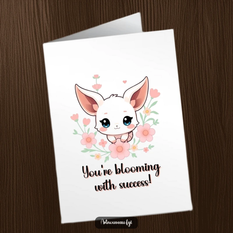 Funny Free Printable Congratulations Card with a creature with flowing ears floating amongst stylized floral elements, signifying an elevated success.
