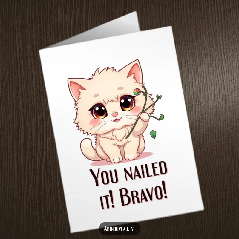 Funny Free Printable Congratulations Card: Fluffy cat excitedly batting at swirling vine flourish.