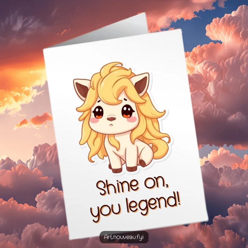 Funny Free Printable Congratulations Card with a curious animal and flowing golden mane, celebrating success.