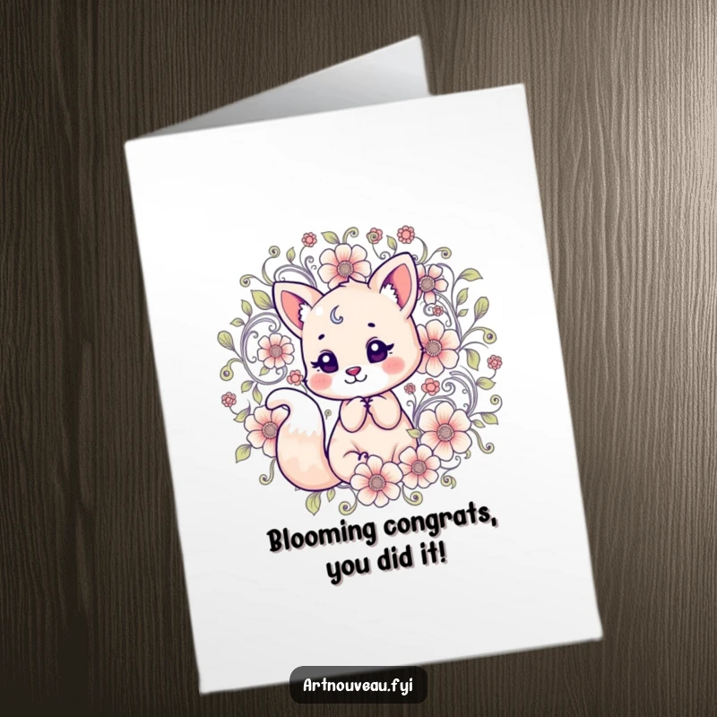 Funny Free Printable Congratulations Card: a cute animal surrounded by elegant, swirling flowers, celebrating a major win.