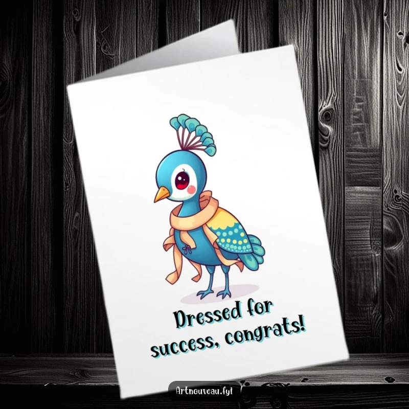 Funny Free Printable Congratulations Card featuring a distinguished peacock sporting a beautifully flowing and ornate ribbon around its neck, signifying celebration.