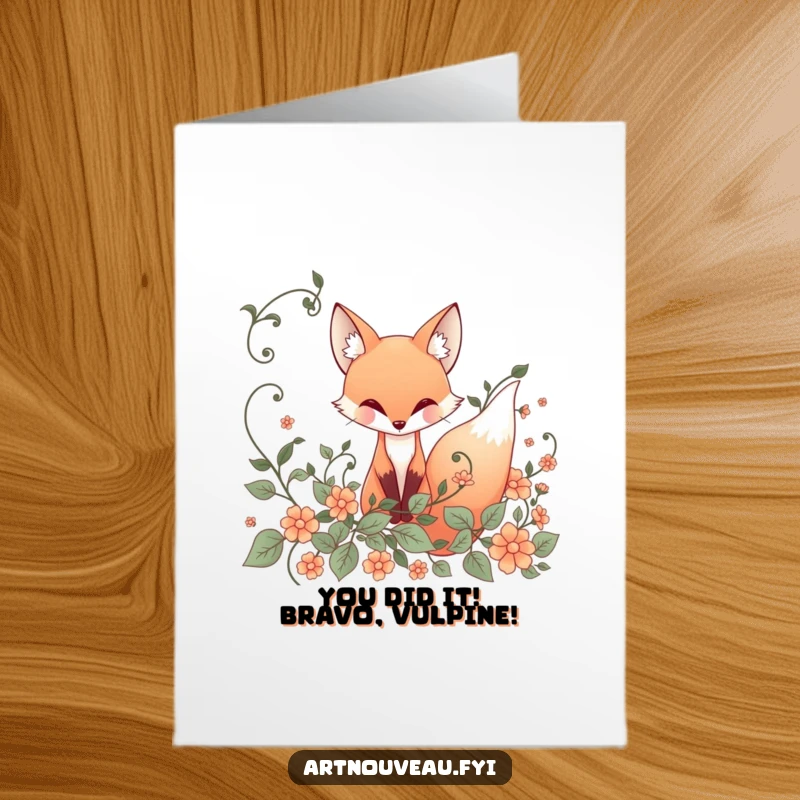 Funny Free Printable Congratulations Card: Elegant Fox peeking from vines, a whimsical art nouveau design for a special occasion.