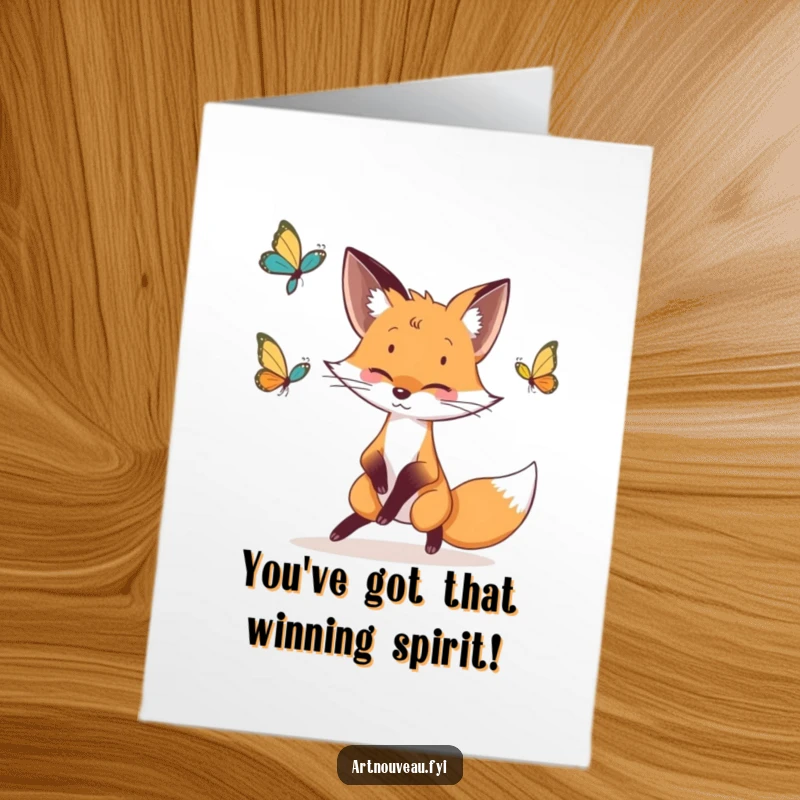 Free Printable Fox Congratulations Card: Whimsical fox with elegant lines chases a butterfly, celebrating success with flair.