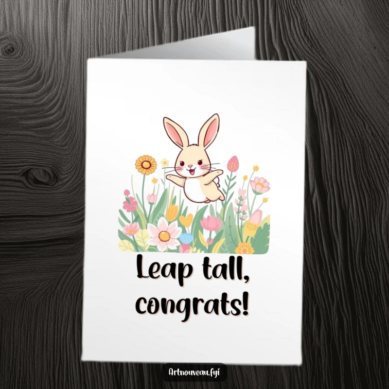 Free Printable Congratulations Card: A smiling hare leaps energetically through a field of beautifully patterned plants, celebrating your achievement.
