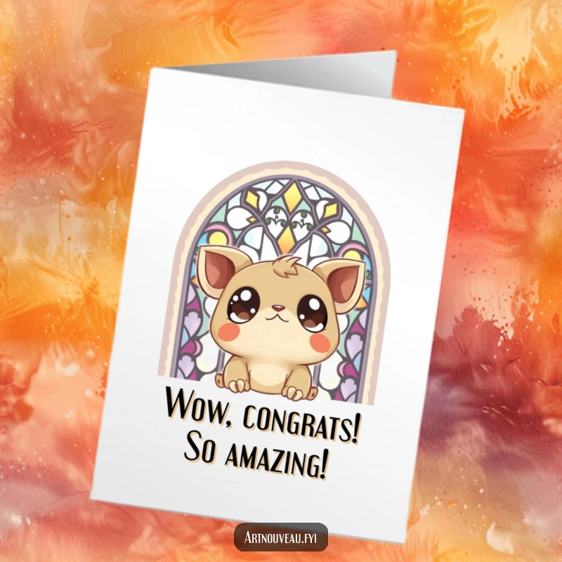 Free Printable Congratulations Card: a wide-eyed creature admiring a breathtaking stained-glass window, celebrating achievement.