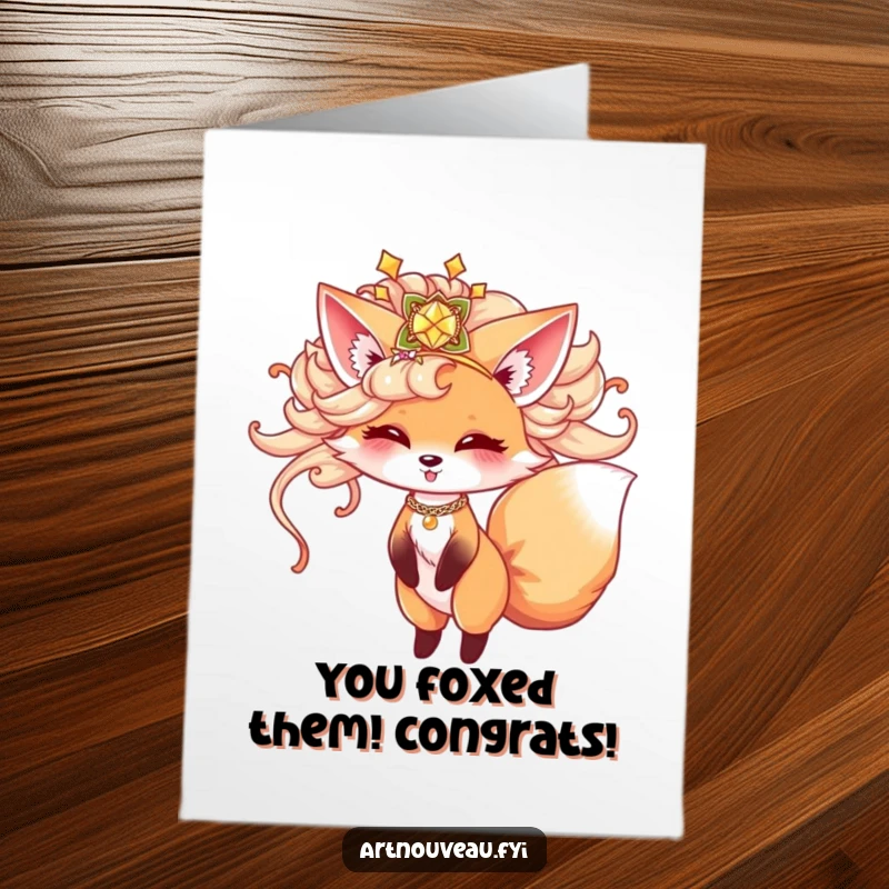 Funny Free Printable Congrats Card: Adorable fox in fancy hairpiece twirling with excitement for your success.