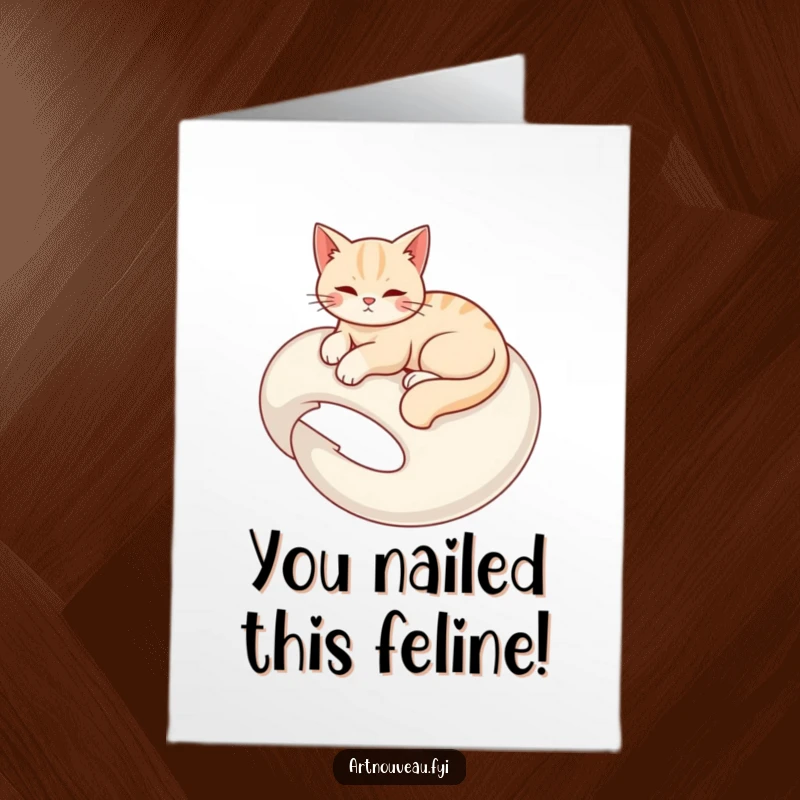 Funny free printable congratulations card: Graceful cat lounging elegantly, celebrating achievements with humor, downloadable.