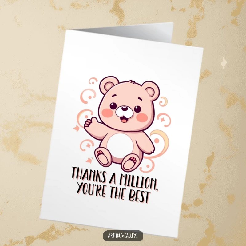 Free Printable Bear Thank You Card: Charming bear character enjoys swirling, curvilinear patterns while expressing thanks.