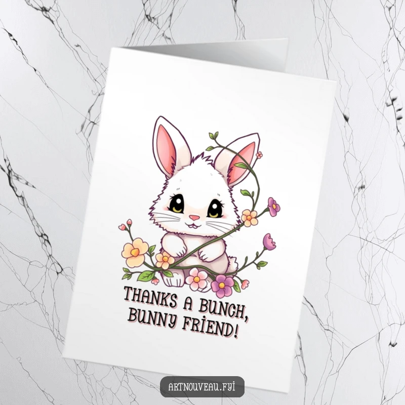 Funny Free Printable Thank You Card: Small fluffy bunny with sweet eyes peeking from a floral vine, offering thanks.