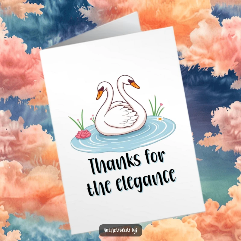 Free Printable Thank You Card: Graceful swan with sweeping lines glides across a decorative pond, conveying deep thanks.