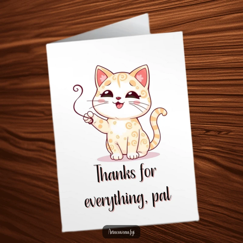 Funny Free Printable Thank You Card: A cute cat with decorative fur batting playfully, saying thanks from home.