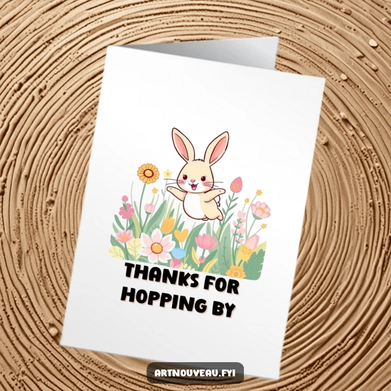 Funny Free Printable Thank You Card: A smiling hare leaps through a field of patterned plants, bringing warmth and thanks.