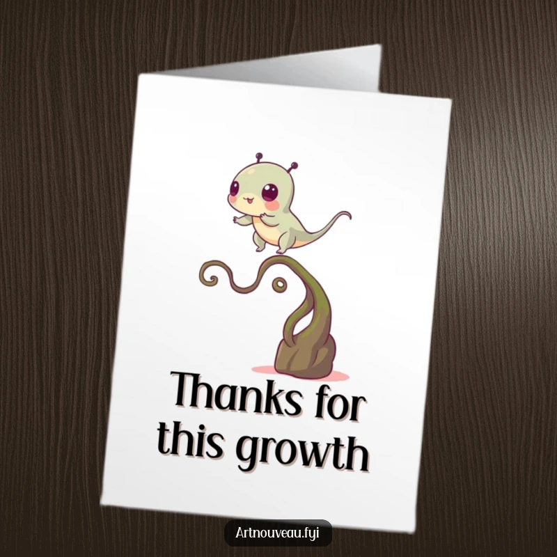 Funny Free Printable Thank You Card: A humorous creature balancing on a thin plant stem, a funny thank you note.