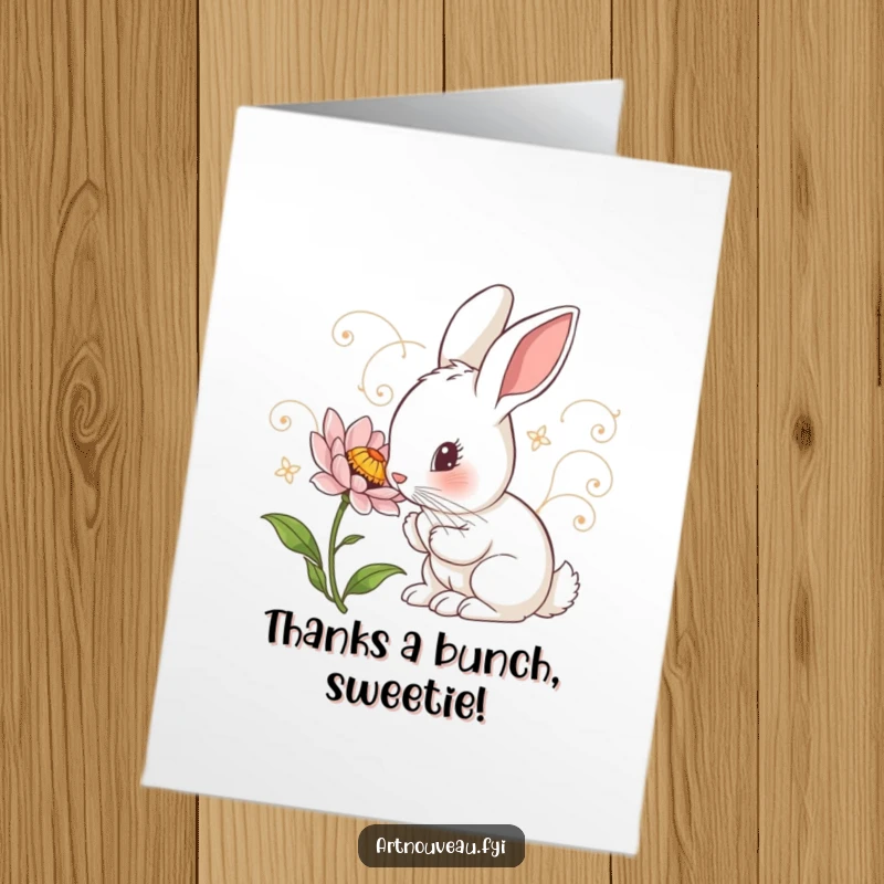 Funny Free Printable Thank You Card: Curious Rabbit with art nouveau swirls examining a detailed flower, a cute art nouveau illustration.
