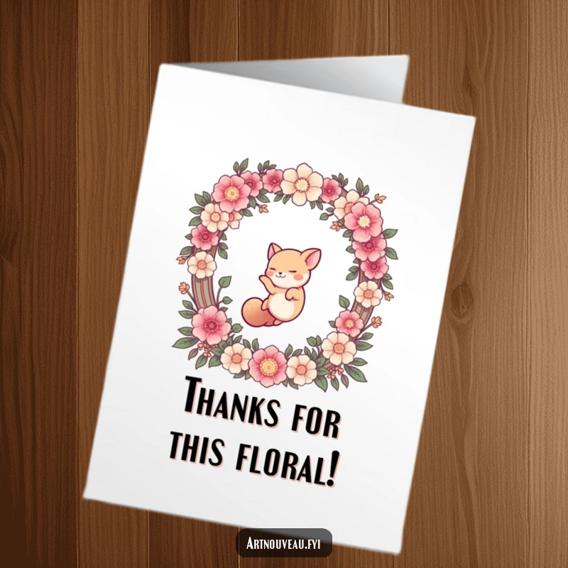 Funny Free Printable Thank You Card: Cute animal landing gracefully through a floral arch, conveying thanks.