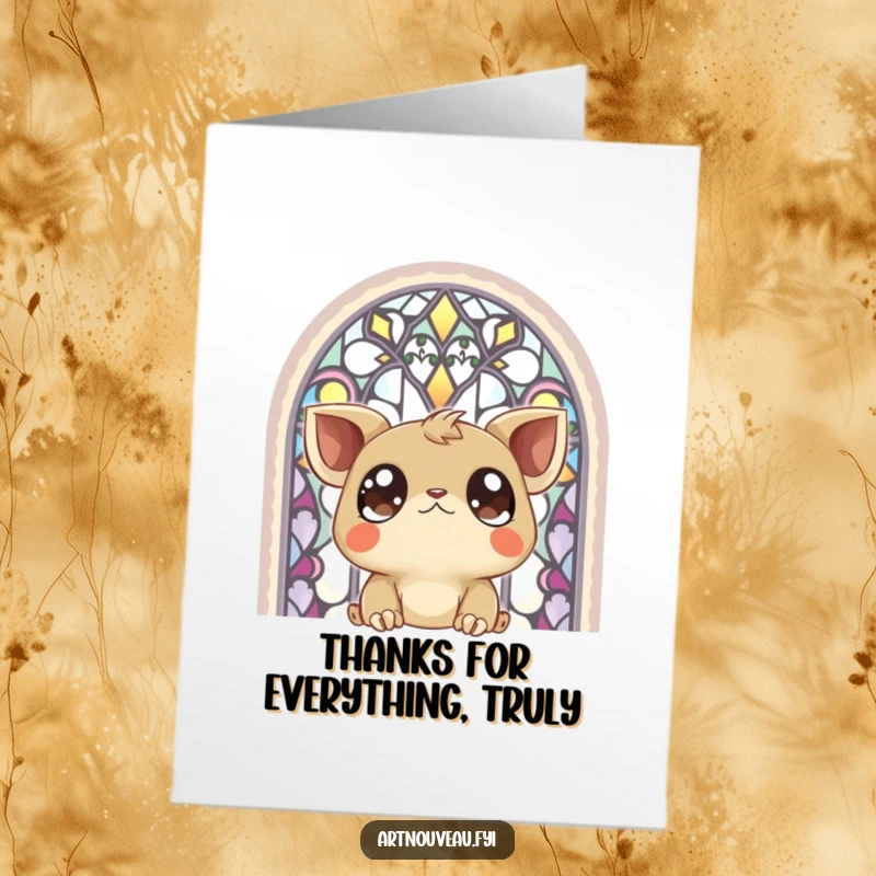 Free Printable Thank You Card: a creature with large eyes captivated by a vibrant, detailed stained-glass window.