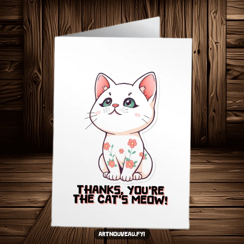 Funny Free Printable Thank You Card: Stylized cat with floral fur gazing upwards, conveying heartfelt thanks.