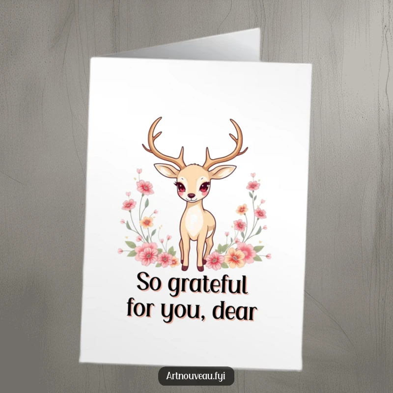 Funny Free Printable Thank You Card: Graceful Deer with elongated antlers amidst floral motifs, a serene art nouveau illustration.