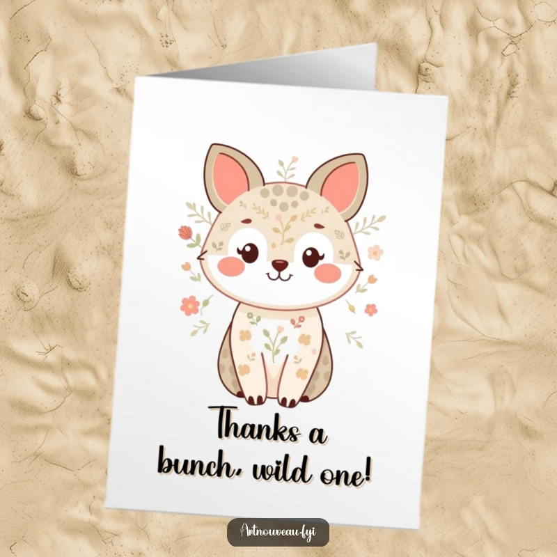 Funny Free Printable Thank You Card showcasing a happy animal with delicate nature patterns, expressing thanks.