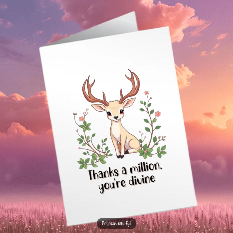 Free Printable Thank You Card: a graceful animal with curved antlers posing elegantly amidst intricate artistic vines.