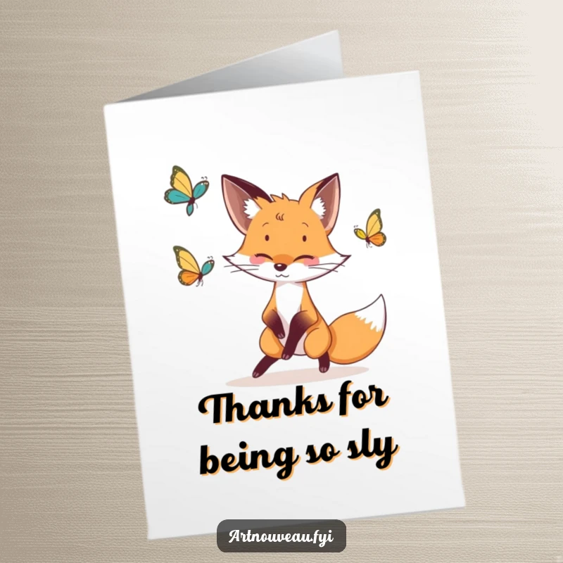 Free Printable Fox Thank You Card: Whimsical fox with elegant lines chases a butterfly, conveying thanks with grace.