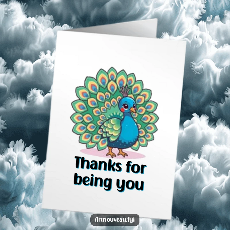 Funny Free Printable Thank You Card: A peacock elegantly fans its elaborate tail, showcasing beauty and thanks.