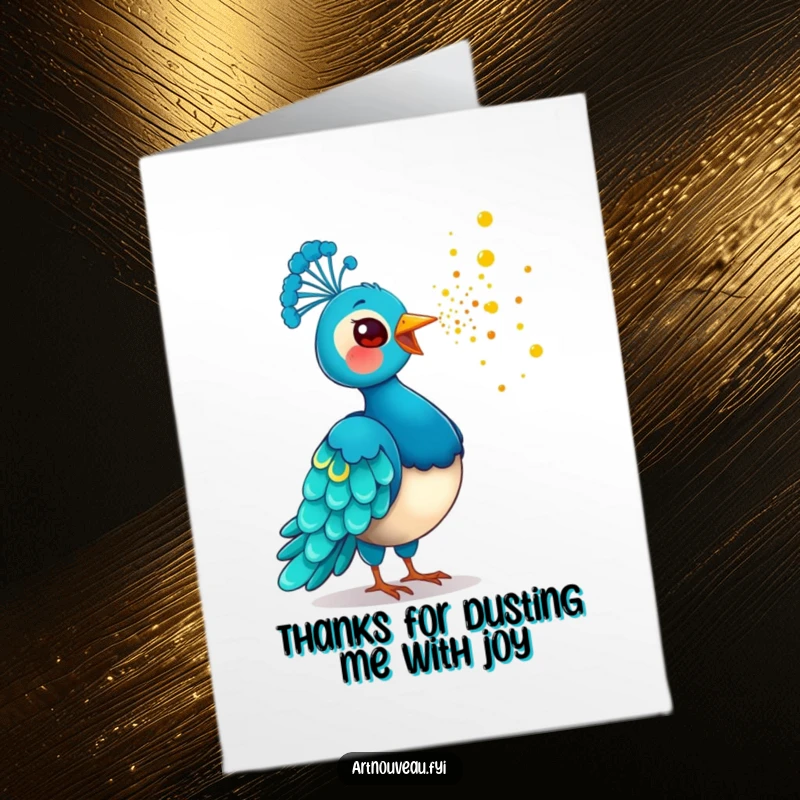 Funny Free Printable Thank You Card with a cheerful peacock scattering sparkling golden dust from its beak as a gesture of thanks.