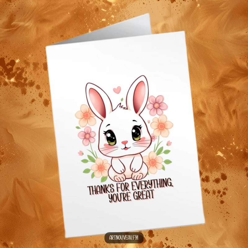 Free Printable Rabbit Thank You Card: Stylized rabbit with expressive eyes and floral motifs sending thanks gracefully.