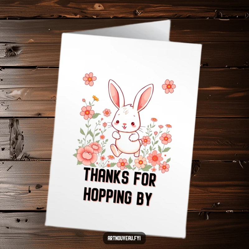 Funny Free Printable Thank You Card featuring a whimsical rabbit hopping through floral patterns, expressing gratitude with a playful touch.