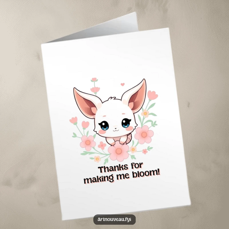 Funny Free Printable Thank You Card featuring a creature with flowing ears floating serenely amidst stylized floral elements, expressing profound gratitude.