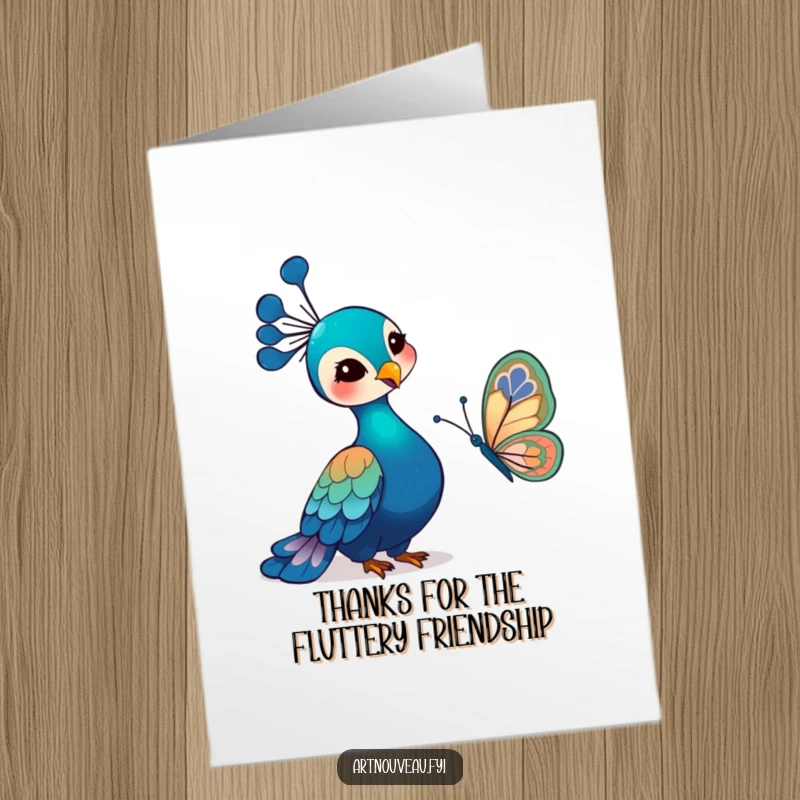Funny Free Printable Thank You Card of a peaceful peacock smiling as it watches a butterfly with elaborate art nouveau wings flutter nearby.