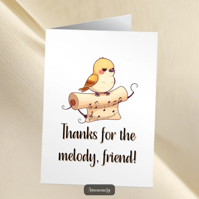 Funny Free Printable Thank You Card with a small bird perched on a musical scroll, composing a sweet melody of thanks.