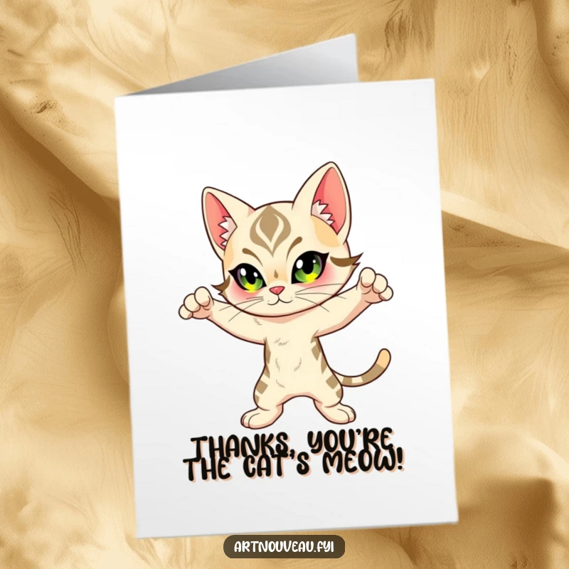 Funny Free Printable Thank You Card showcasing a feline character with Art Nouveau markings in a dynamic pose, conveying stylish thanks.
