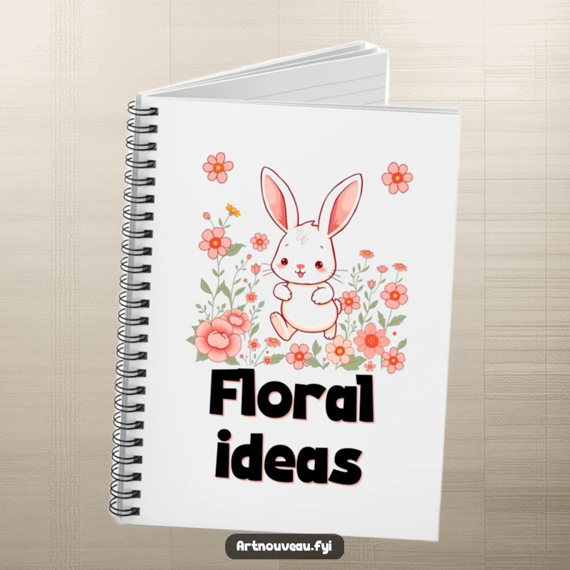 Whimsical rabbit notebook, featuring a cute hare hopping among floral art, perfect for capturing ideas and notes.