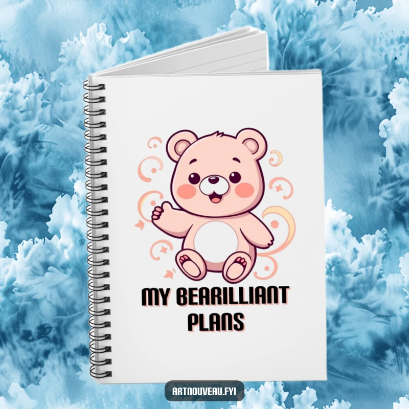 Funny bear notebook with a charming bear character and abstract swirling patterns, perfect for writing.