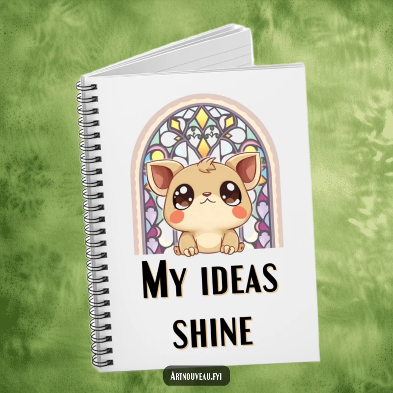 Funny Notebook: A creature with large, expressive eyes observing a stunning stained-glass window, ideal for journaling.