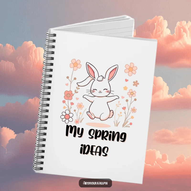 Funny Charming Rabbit Notebook: Features a rabbit dancing among floral motifs, ideal for journaling happy thoughts.