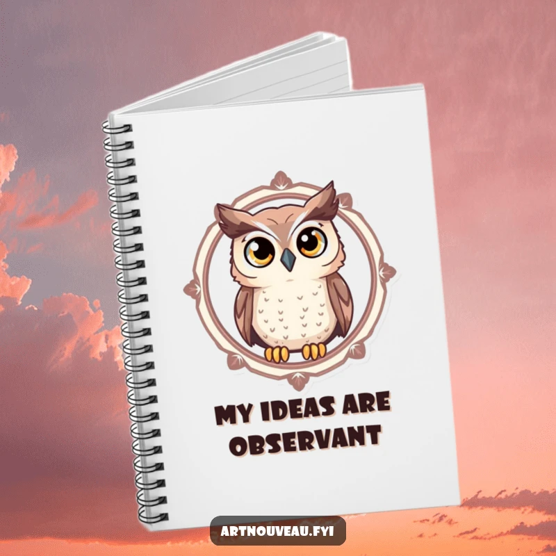 Funny Owl Notebook with a curious owl and large, expressive eyes looking through a decorative circular frame, great for journaling.